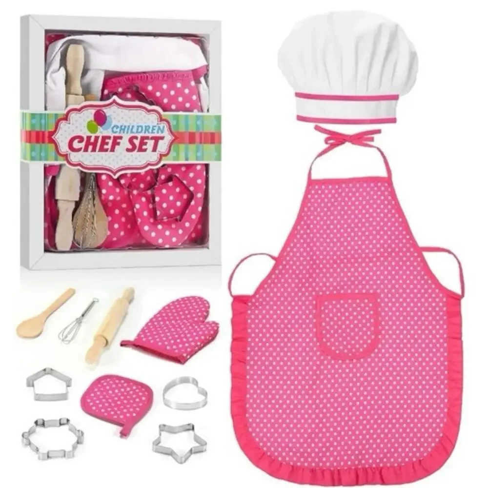 Rirool Kids Chef Role Play Cooking Set Pink Polka Dot Apron Hat Mitt 11pc Gift